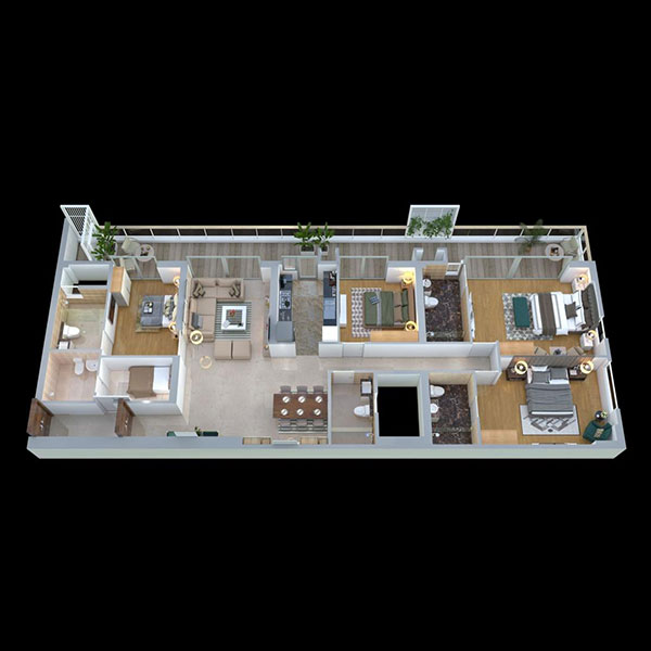 Top-view 3D floor plan of a stylish apartment with detailed interiors.