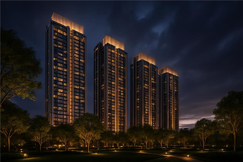 Cityscape featuring tall modern buildings with landscaped open spaces at night.
