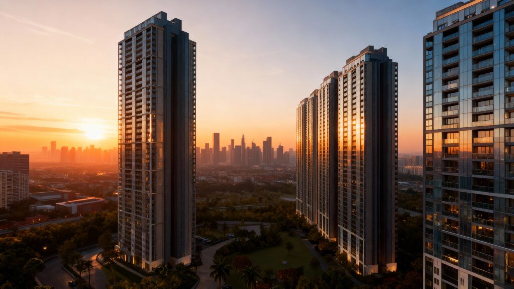 Modern skyscrapers reflecting a vibrant sunset over a city.