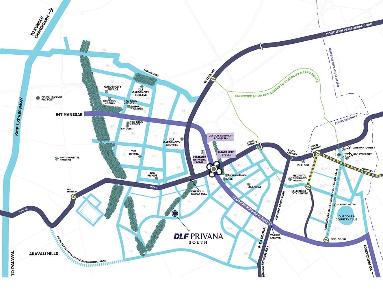Location map of DLF Privana South showing roads and key landmarks.