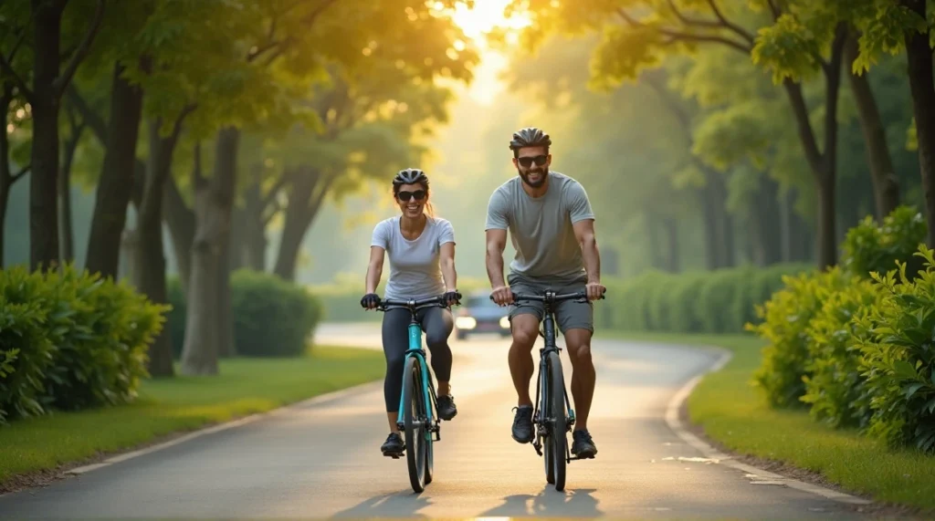 Happy couple cycling on a tree-lined road in golden hour sunlight.