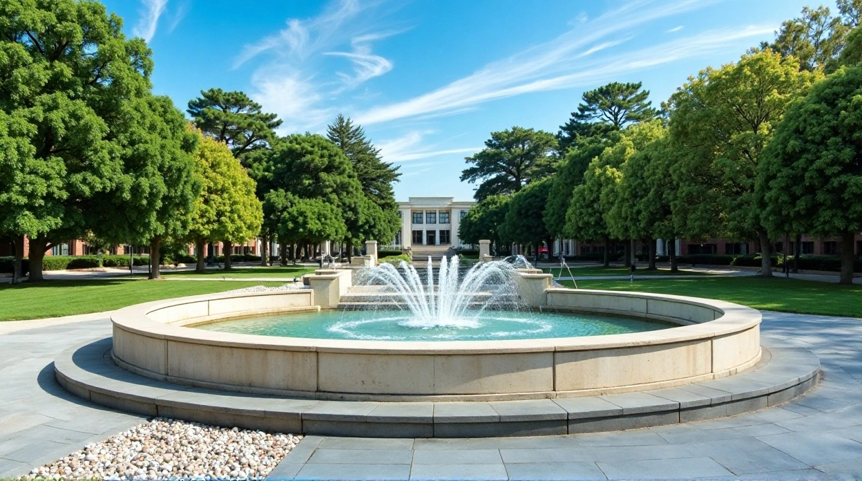 Scenic view of a fountain in the courtyard of DLF Alameda, surrounded by lush green trees and a historic building under a clear blue sky