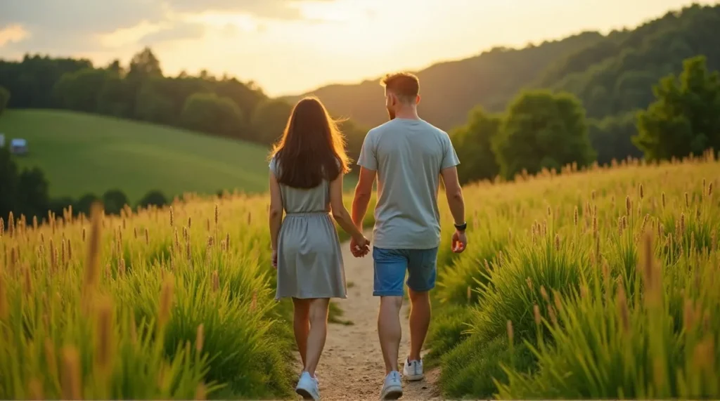 Couple holding hands, walking through a sunny field towards mountains.