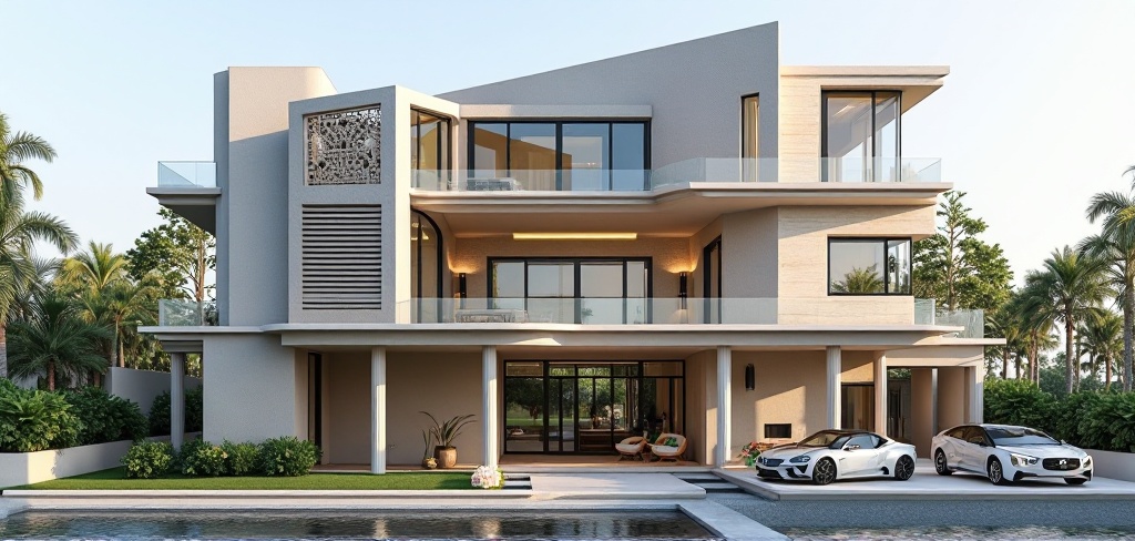 Modern luxury villa with pool, two cars, and tropical landscaping.