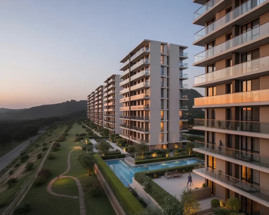 Residential buildings with pool and hills at dusk, offering luxurious living.