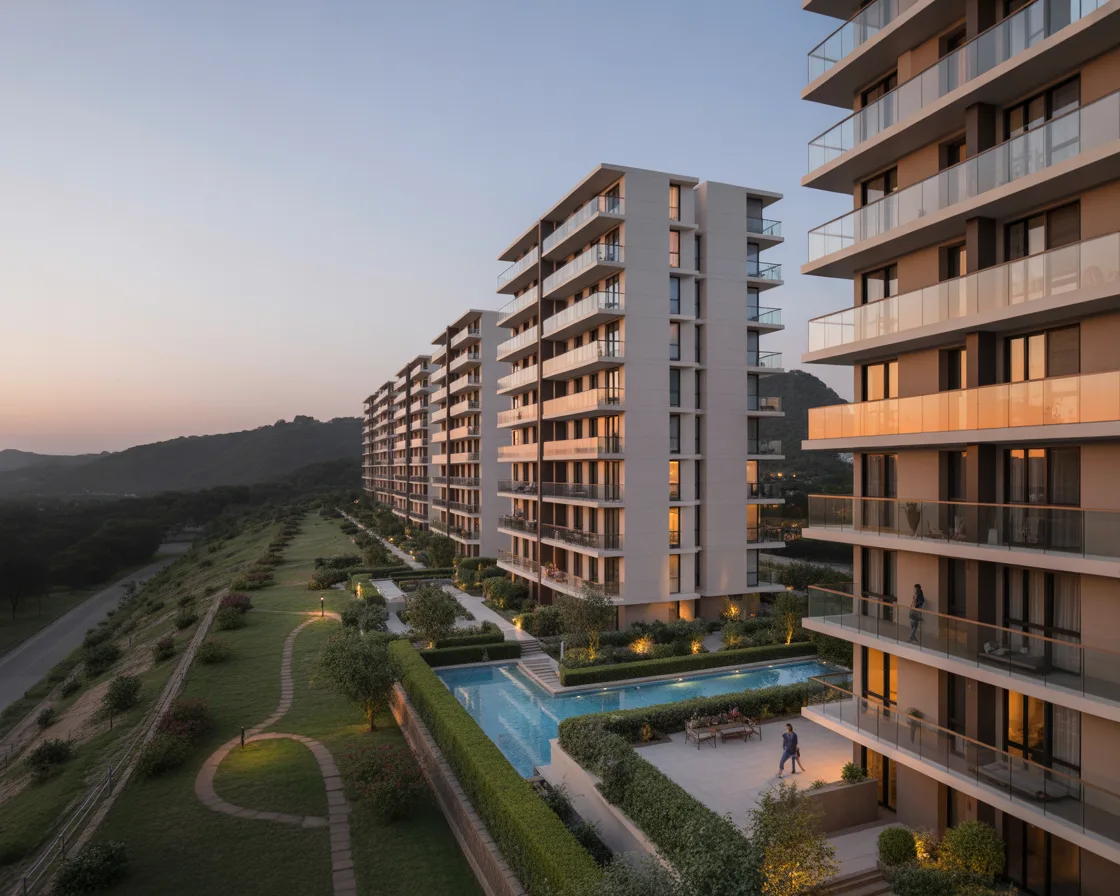 Residential buildings with pool and hills at dusk, offering luxurious living.
