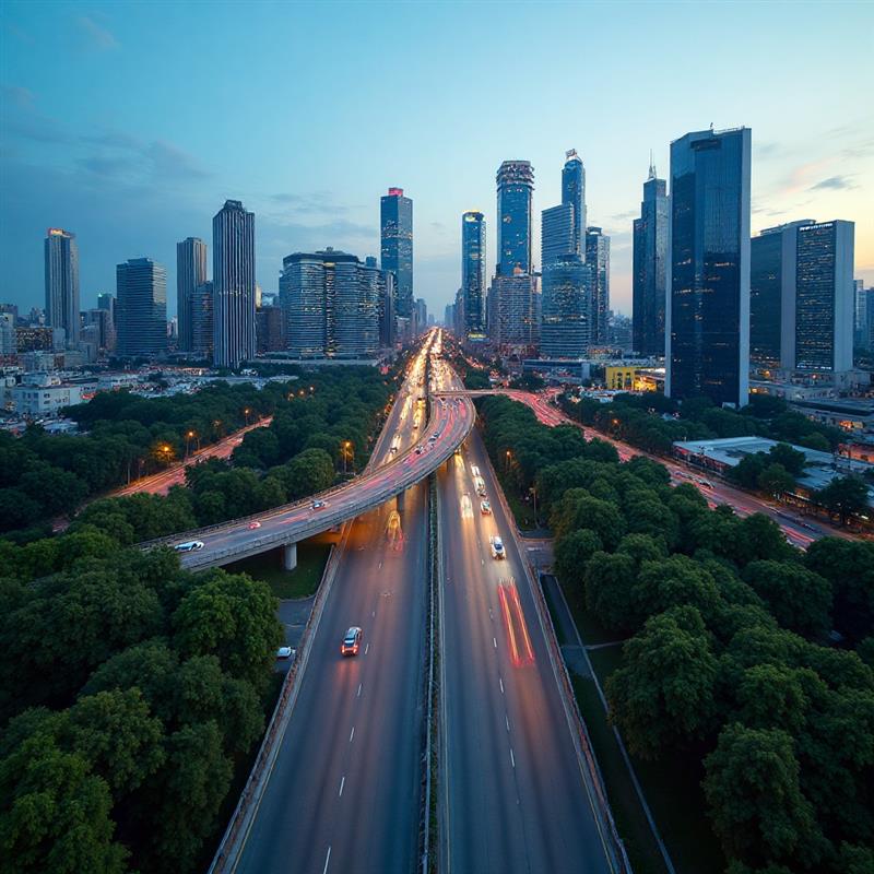 Elevated view of a city highway at dusk with skyscrapers and trees