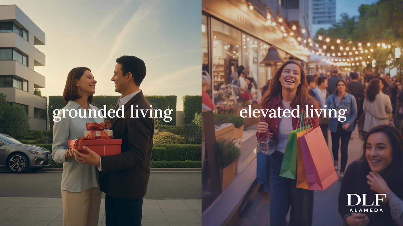 DLF Alameda split view: serene couple with gift boxes in greenery, lively market crowd with shopping bags.