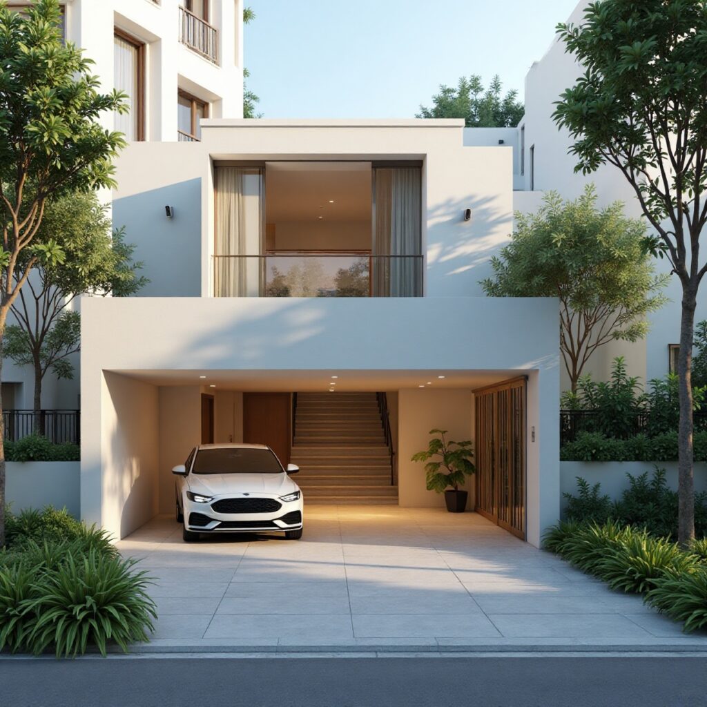 Modern white house with car in driveway and lush green trees.