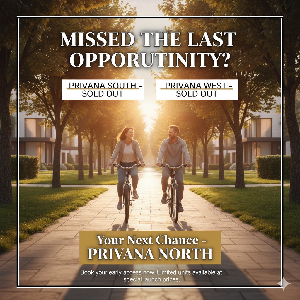 Advertisement for Privana North with people cycling at sunset.