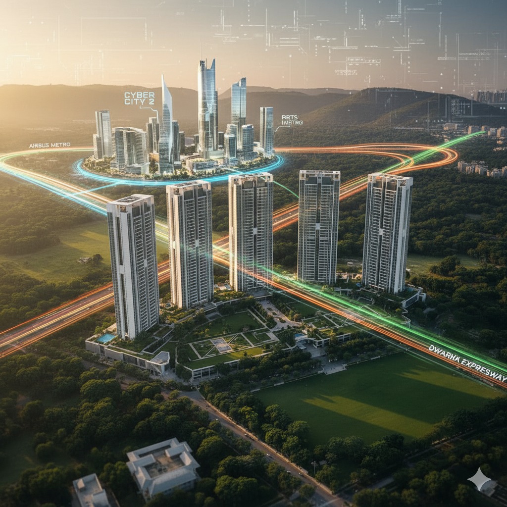 Bird's-eye view of a metropolitan area showcasing a cluster of high-rise buildings and city streets below