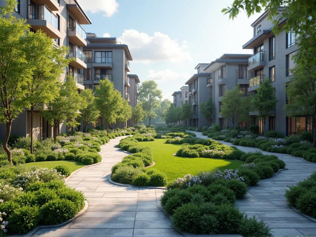 Serene residential walkway winding through green gardens and buildings.