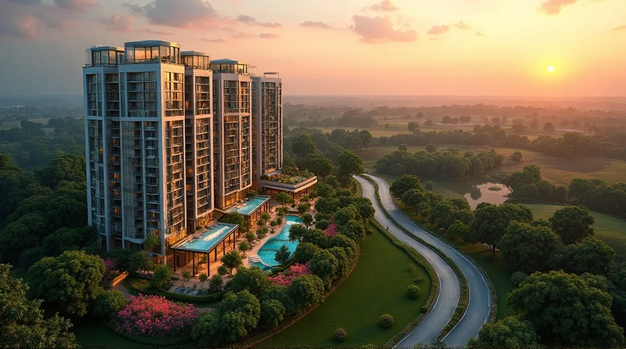 Luxury high-rise residential buildings with pools and lush golf course.