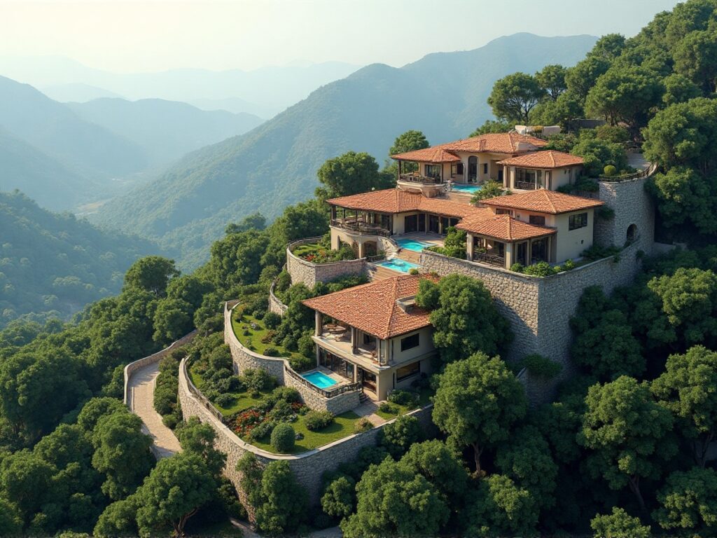 Luxury hillside homes with terraced gardens and pools amidst mountains.