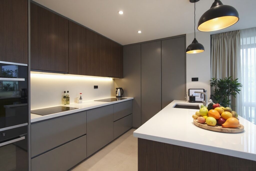 Modern kitchen with dark wood cabinets, island, and fresh fruit.
