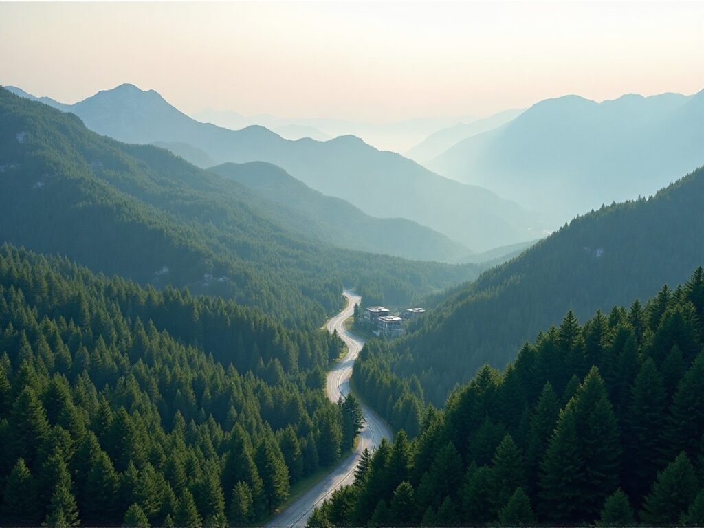 Winding road through a dense forest valley with misty mountains in background.