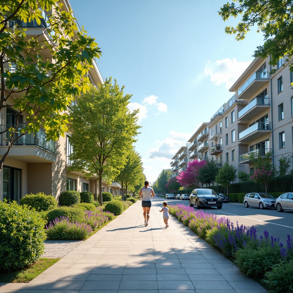 Man jogging with child on a sunny urban sidewalk with apartment buildings.