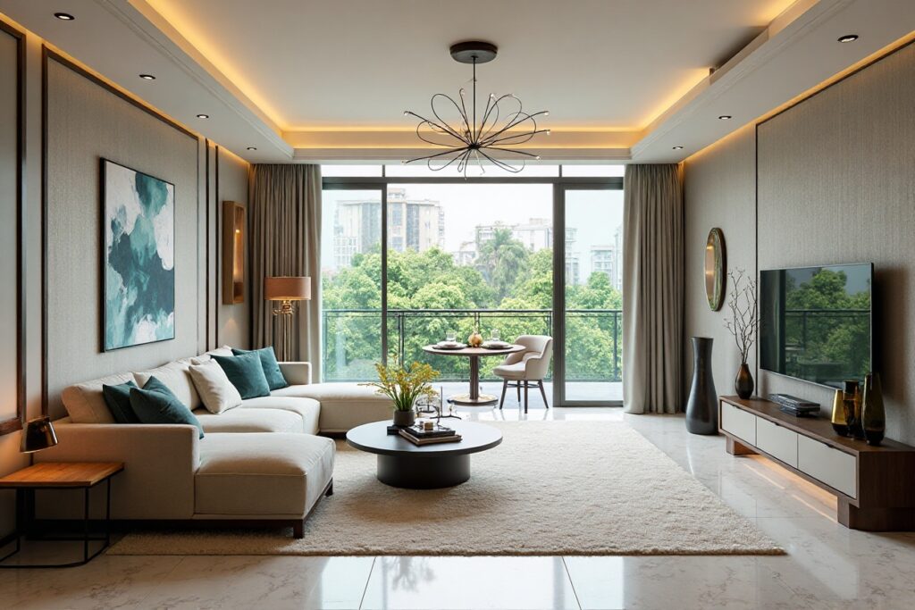 Elegant living room with balcony, plush sofa, and modern chandelier.