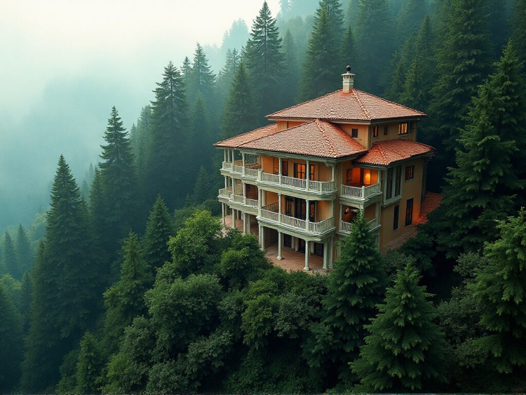 Grand villa with balconies nestled in a misty pine forest at sunrise.