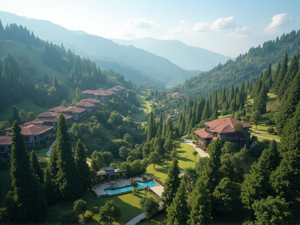 Expansive mountain resort with villas, pool, and lush green landscape.