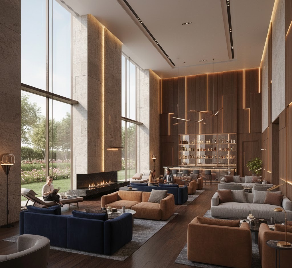 Luxurious clubhouse lounge with fireplace, bar, and outdoor view.