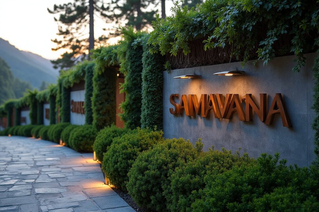 Elegant “SAMAVANA” name sign mounted on a stone wall surrounded by lush green bushes.
