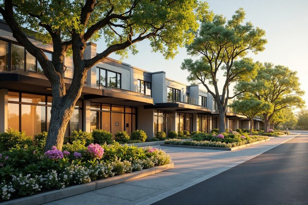 Row of modern shops or offices with trees and flowers at sunset.