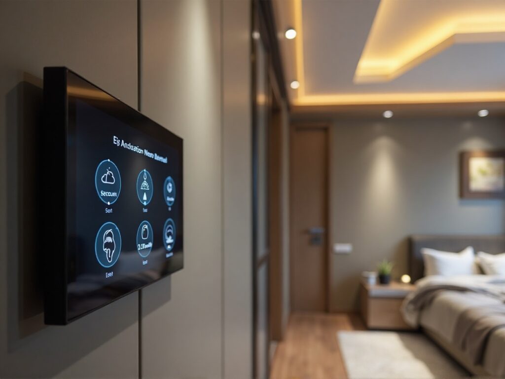Smart home control panel in a modern bedroom with ambient lighting.