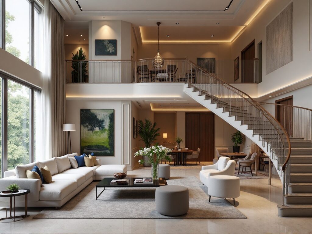 Luxurious living room with grand staircase, high ceilings, and plush sofas.