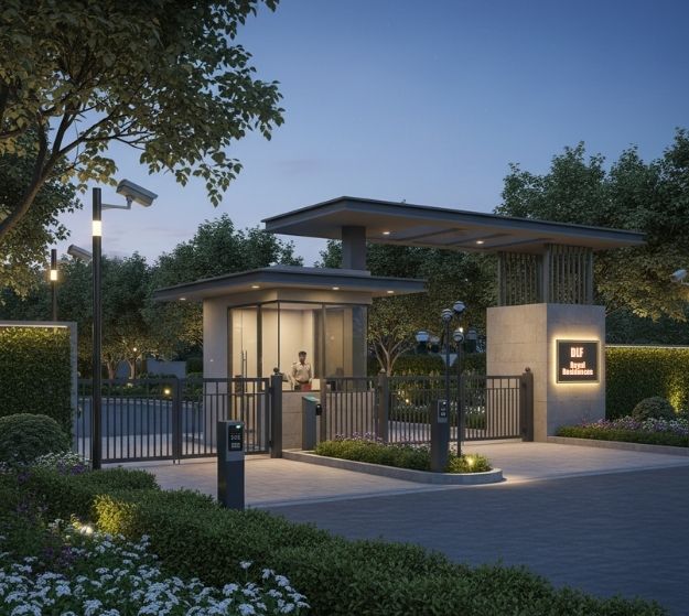 Secure gated community entrance at night with guard post and lighting.