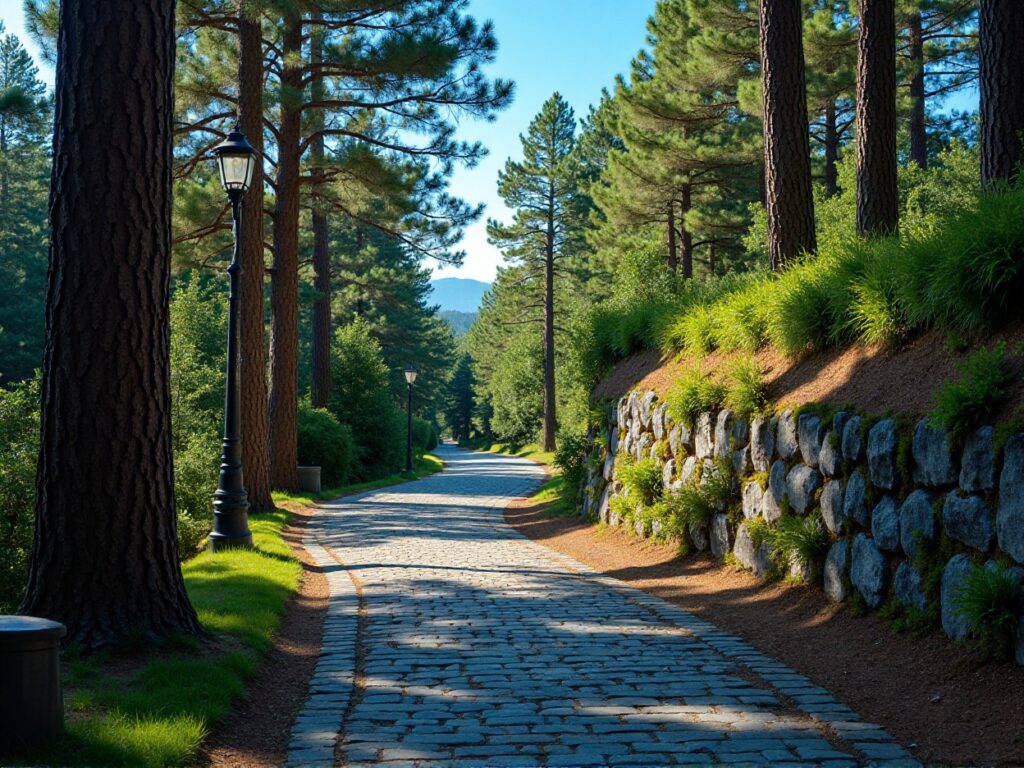 Cobblestone path winding through tall trees with a stone wall in sunlight.