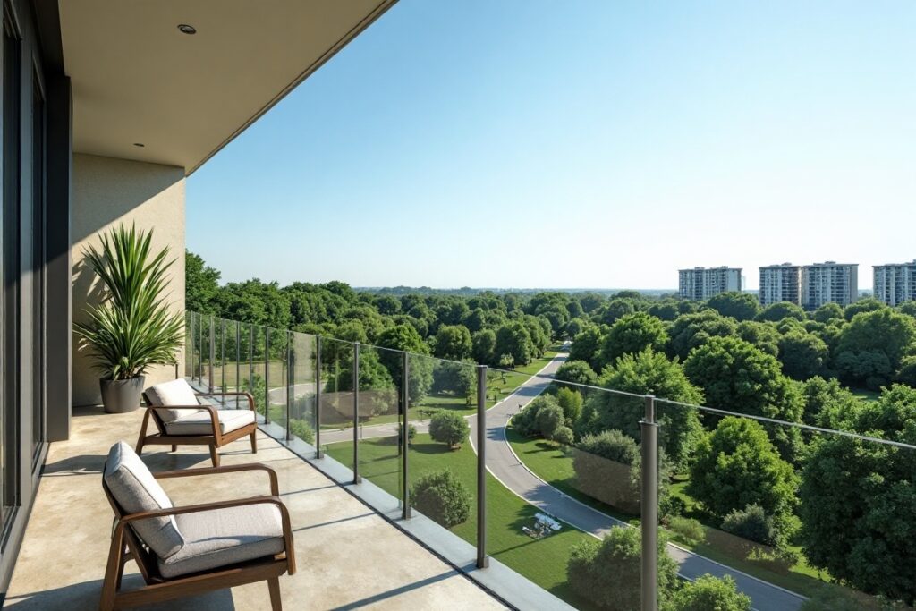 Balcony with chairs overlooking a vast green park and distant buildings.