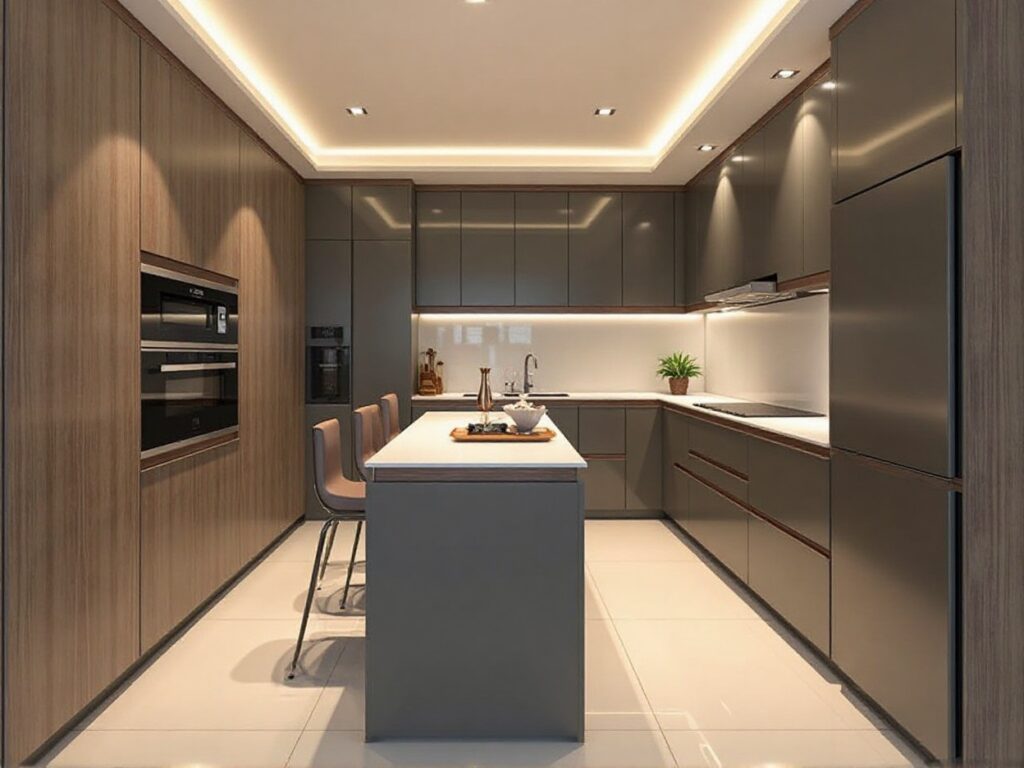 Sleek, contemporary kitchen with island, wooden cabinets, and lighting.