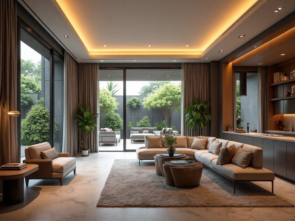 Luxurious open-plan living room with large windows overlooking garden.