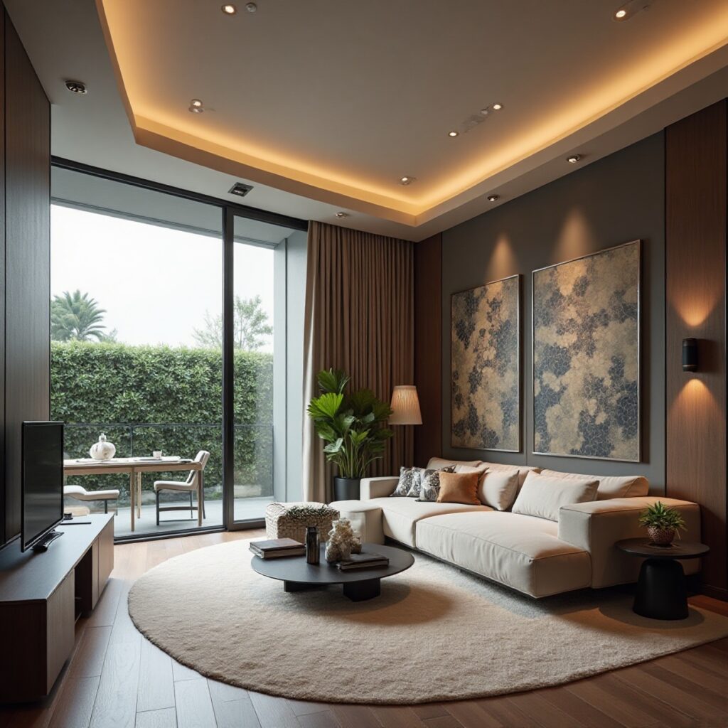 Cozy living room with round rug, large sofa, and garden view balcony.