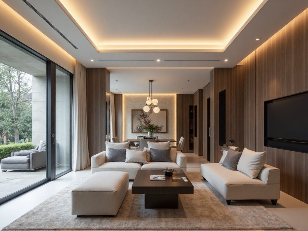 Elegant living room with modern furniture, wood panels, and large windows.