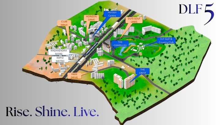 DLF 5 area map showing residential, commercial, and green spaces.