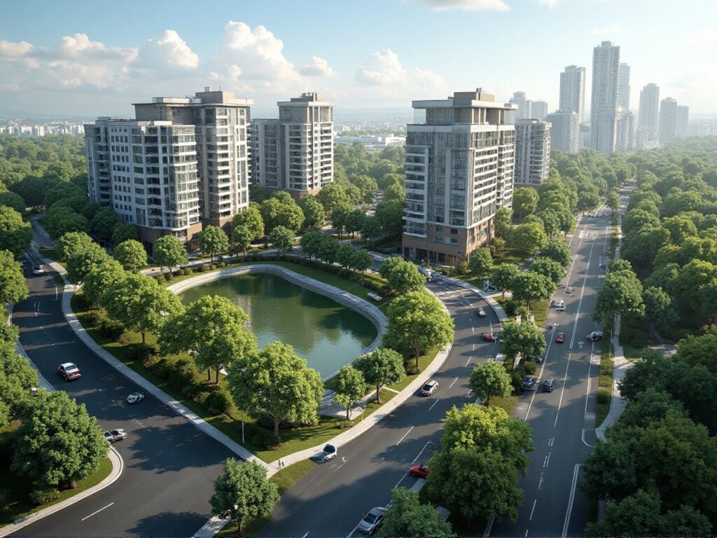 Aerial view of urban residential towers surrounded by green trees and a lake.