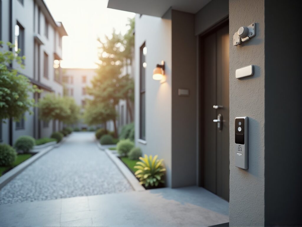 Modern home entrance with intercom, security camera, and landscaped path.