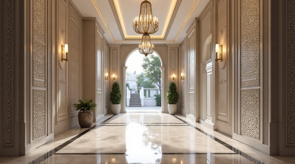 Luxurious grand hallway with chandeliers and ornate wall patterns.