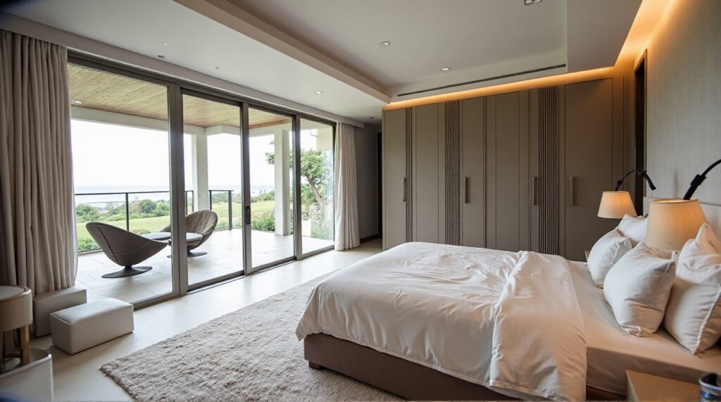 Spacious bedroom with large bed, sliding glass door to a balcony.