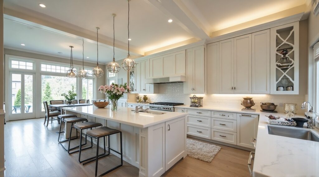 Bright white kitchen with island, pendant lights, and dining area.