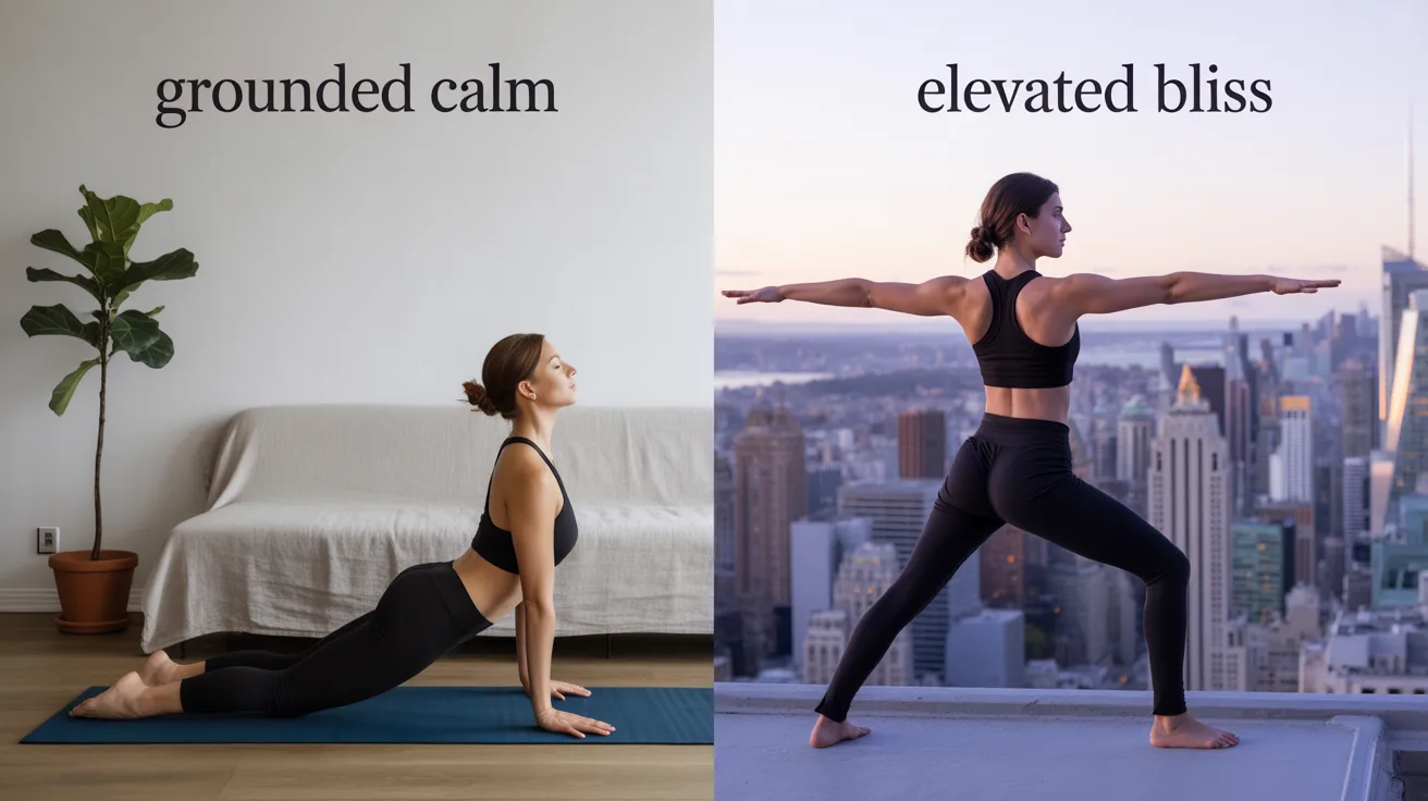Woman doing yoga indoors in calm pose, outdoors in dynamic pose with city view.