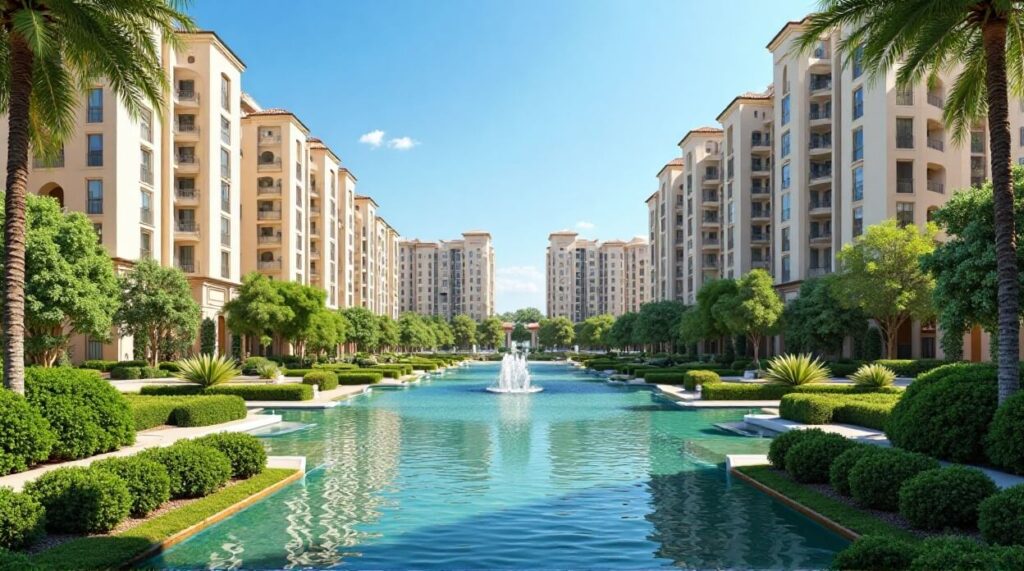 A decorative water fountain located at the entrance of a large apartment building, with landscaped areas nearby.