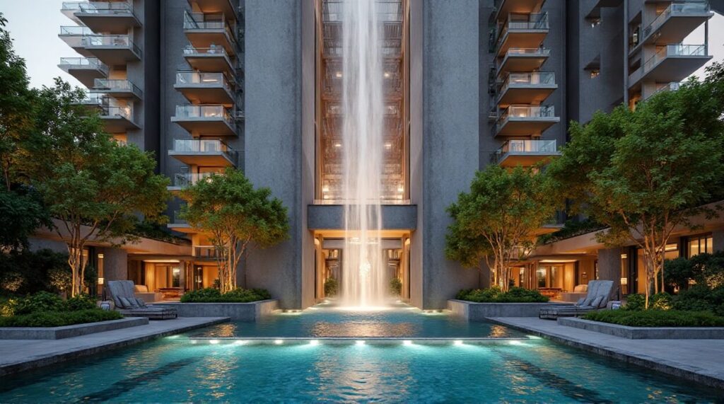 Water feature in the lobby, featuring cascading water and decorative stones, enhancing the building's ambiance.
