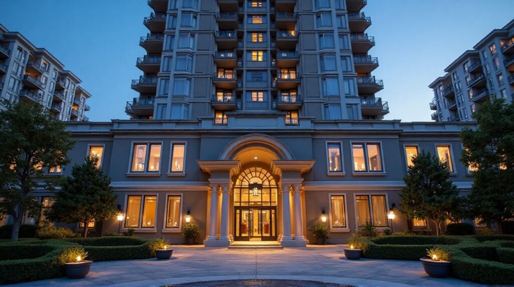 The entrance of a spacious apartment building at dusk, softly lit, creating a welcoming and serene atmosphere for residents