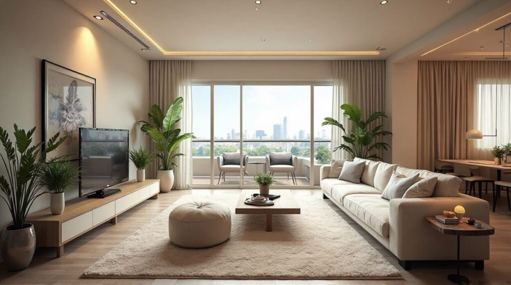 A modern living room featuring sleek furniture and a panoramic view of the city skyline through large windows