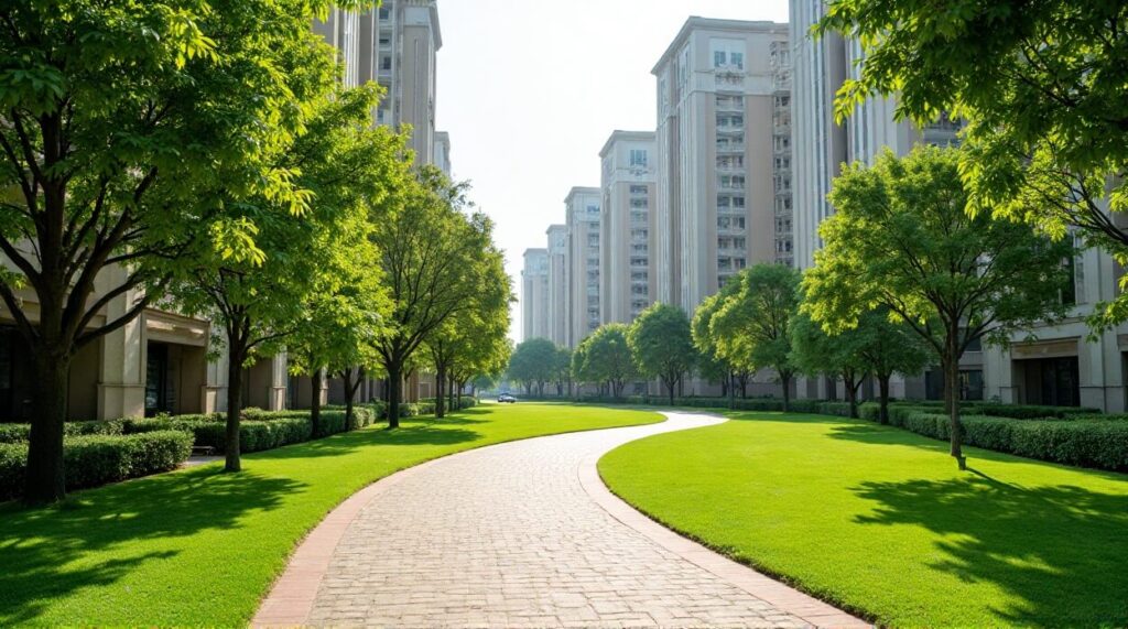 A walkway lined with green grass in front of tall buildings under a clear blue sky