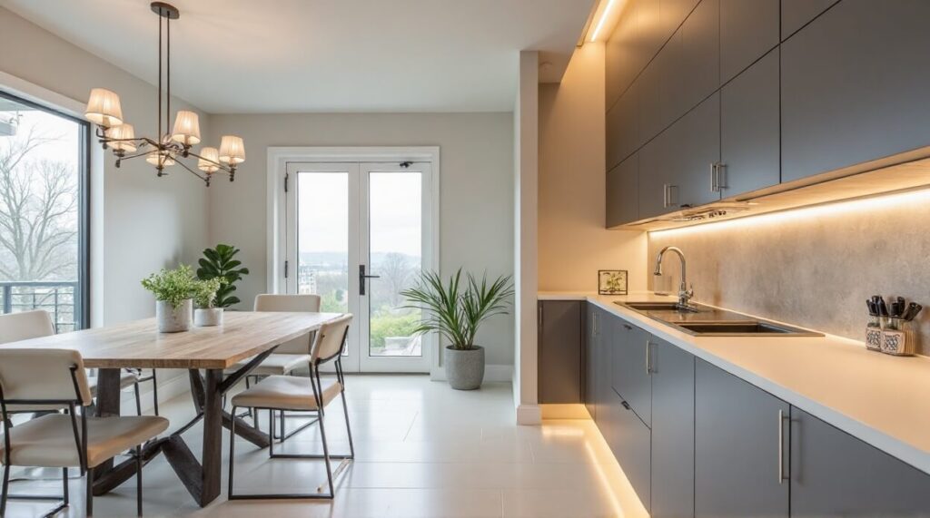 Modern kitchen featuring sleek white cabinets and bright lighting, creating a clean and inviting atmosphere