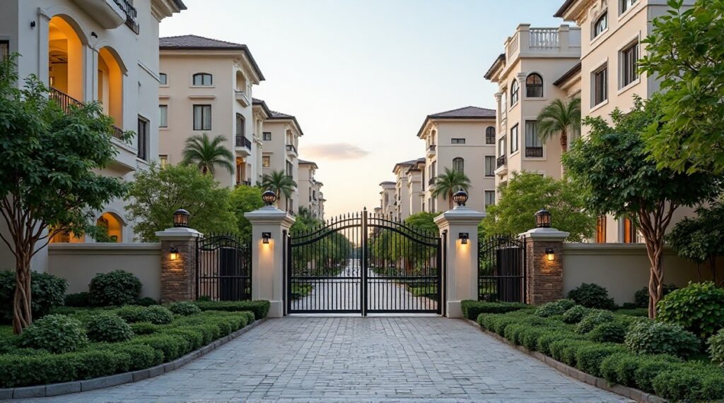 A pathway leading to a gated entrance of a luxury apartment building, bordered by well-maintained gardens.